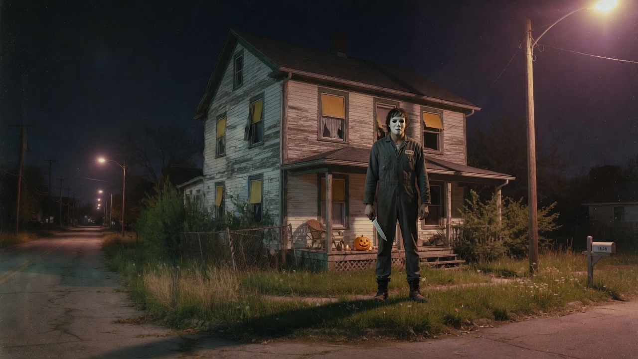 The Shape standing on the lawn of a two-story 1978 house at night