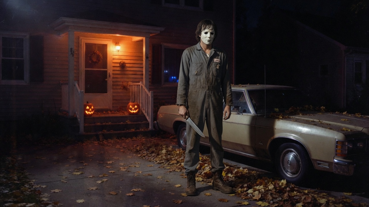 The Shape in grey coveralls standing in front of a 1970s sedan at night