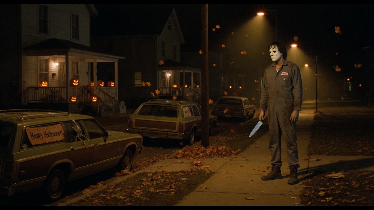 The Shape standing on a Haddonfield sidewalk under streetlamps