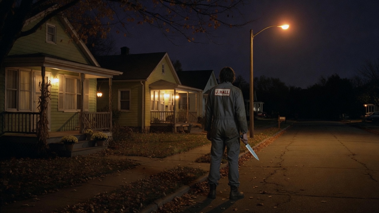 The Shape walking a 1978 suburban street toward porch-lit houses
