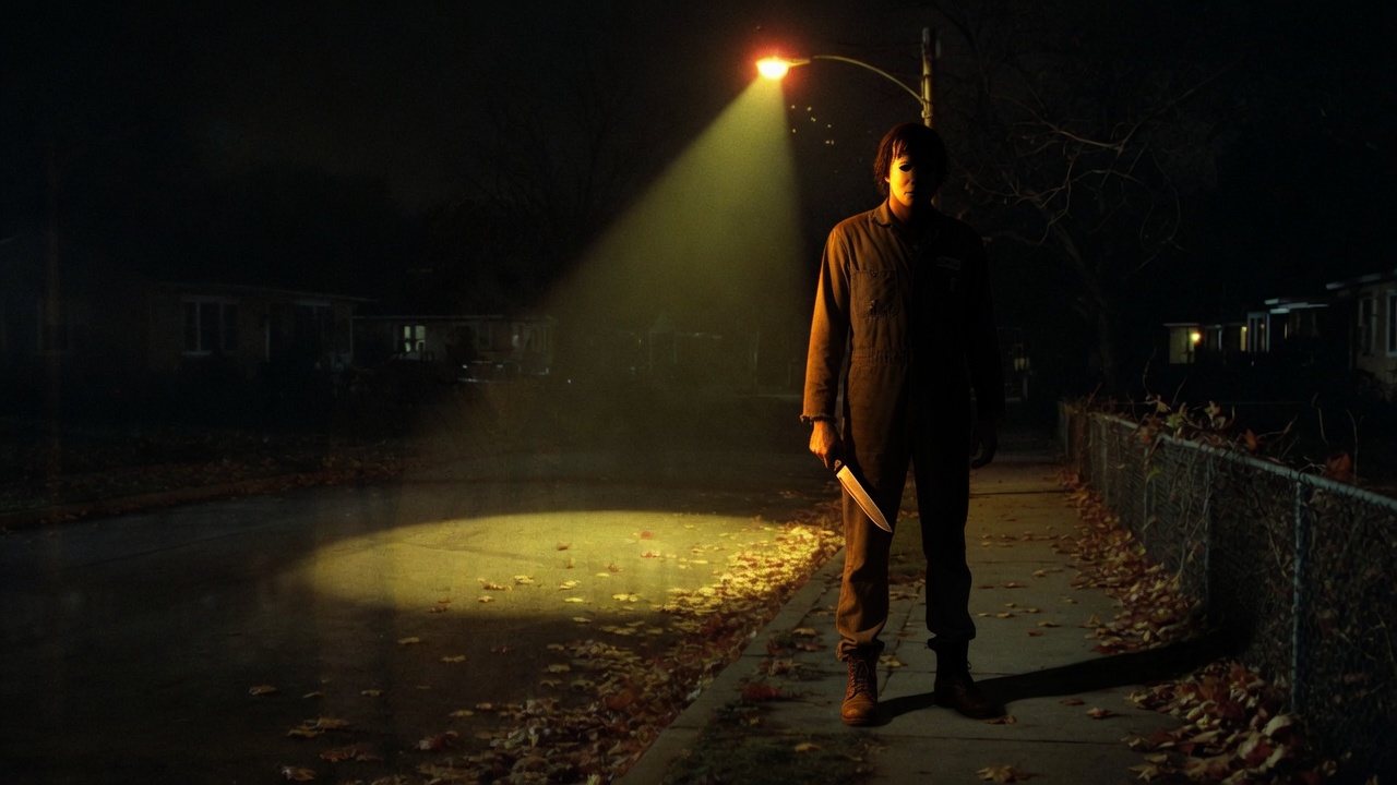 The Shape standing at the edge of an amber streetlamp on a dark sidewalk